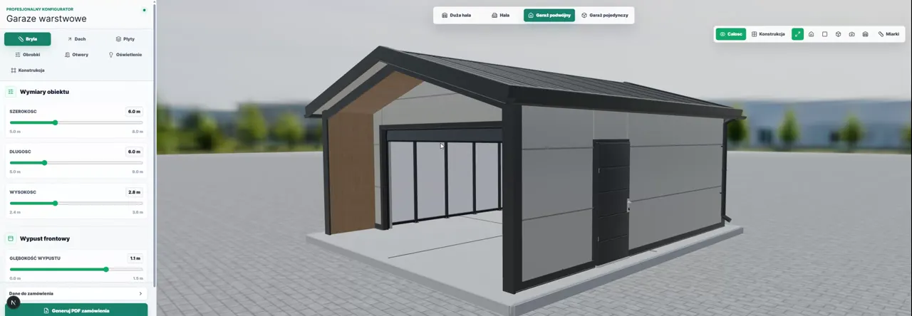 Podgląd konfiguratora 3D garażu z płyty warstwowej